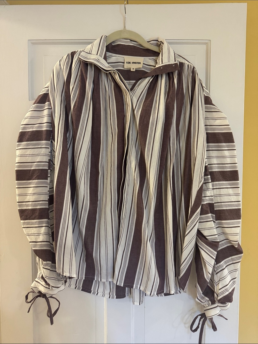 Women’s V. De Vinster Button Up Blouse Shirt in Brown and White Vertical Strips